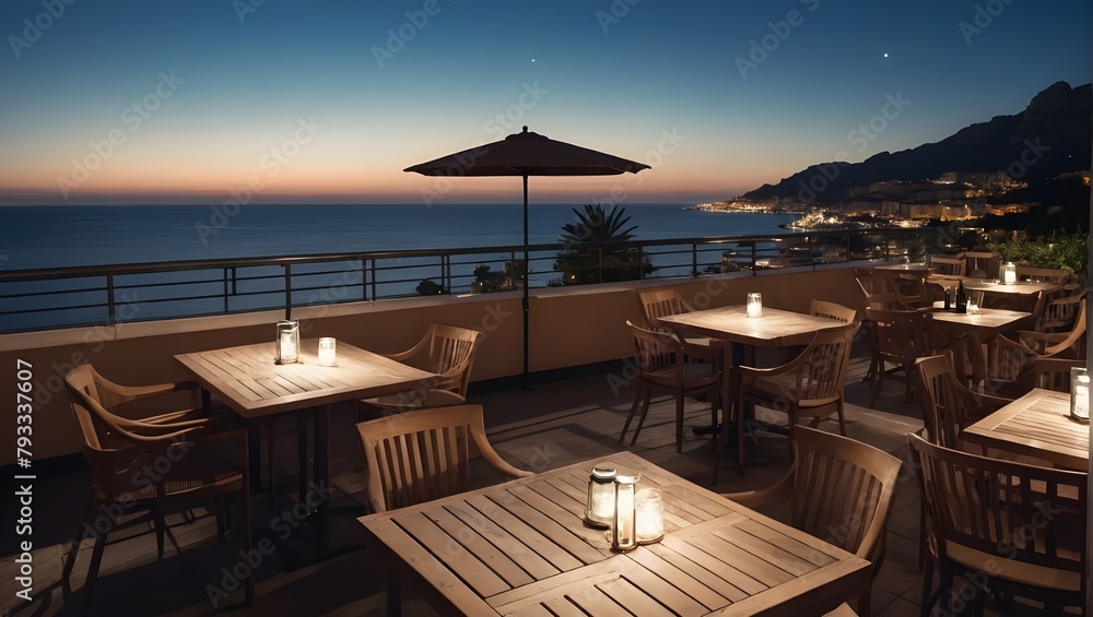 Landscape of outdoor luxury cafe table and chairs on rooftop in Monaco with sea view and beautiful evening sky. Ai Generative.