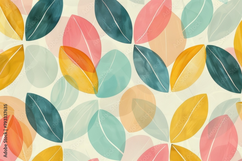 A colorful leaf pattern with a variety of colors and shapes. Risograph effect, trendy riso style A colorful leaf pattern with a variety of colors and shapes. Risograph effect, trendy riso style