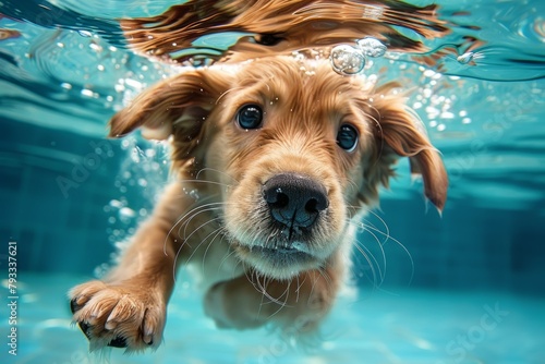 A dog is swimming in a pool and looking at the camera. Summer heat concept, background