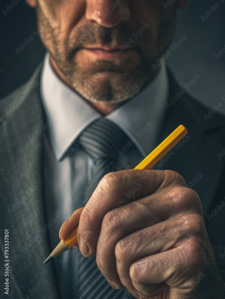 A man in a suit holding a yellow pencil. Concept of professionalism and seriousness, as the man is dressed in a suit and tie A man in a suit holding a yellow pencil. Concept of professionalism and seriousness, as the man is dressed in a suit and tie