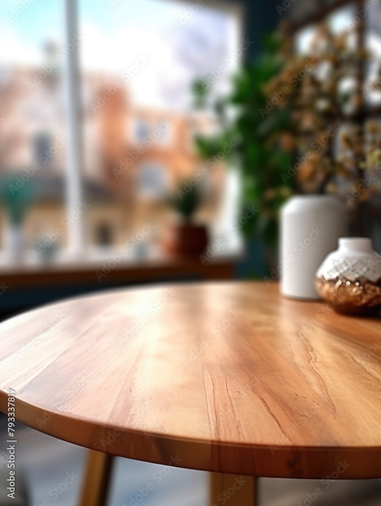 A wooden table with a vase on top of it. The table is round and has a view of the outside