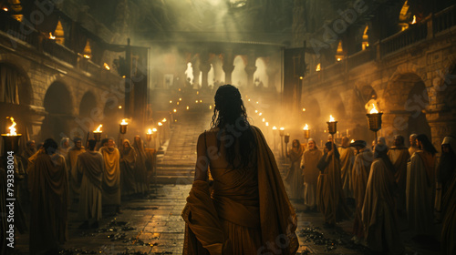 A person in a robe leads a torch-lit procession down stairs in a grand, atmospheric setting. photo