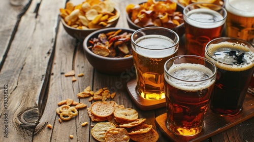 A table with a variety of snacks and drinks, including chips, pretzels, and beer