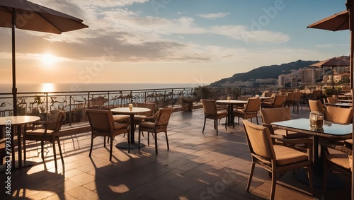 Landscape of outdoor luxury cafe table and chairs on rooftop in Monaco with sea view and beautiful sunset sky. Ai Generative