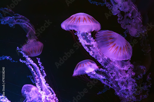 Group of Jellifish South american sea nettle, Chrysaora plocamia swimming in dark water of aquarium tank with pink neon light. Aquatic organism, animal, undersea life, biodiversity photo