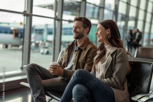 Couple enjoying takeaway coffee while waiting at the airport gate