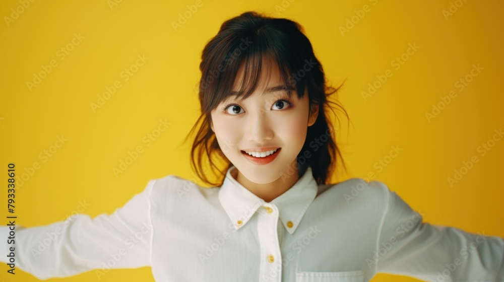 A woman with long black hair and a white shirt is smiling at the camera. The yellow background adds a bright and cheerful atmosphere to the image A woman with long black hair and a white shirt is smiling at the camera. The yellow background adds a bright and cheerful atmosphere to the image