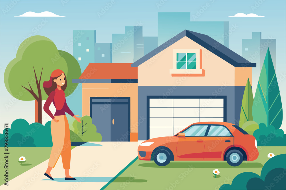 A woman stands in front of a red car in a minimalist setting, woman backing up to a drive, Simple and minimalist flat Vector Illustration