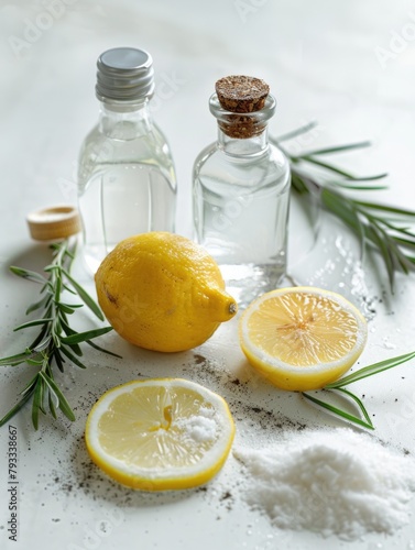 A bottle of lemon juice and a bottle of lemon essential oil are on a table with a lemon wedge and a lemon slice photo