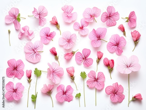 A close up of pink flowers with a white background. The flowers are arranged in a way that creates a sense of movement and flow. Scene is one of beauty and serenity