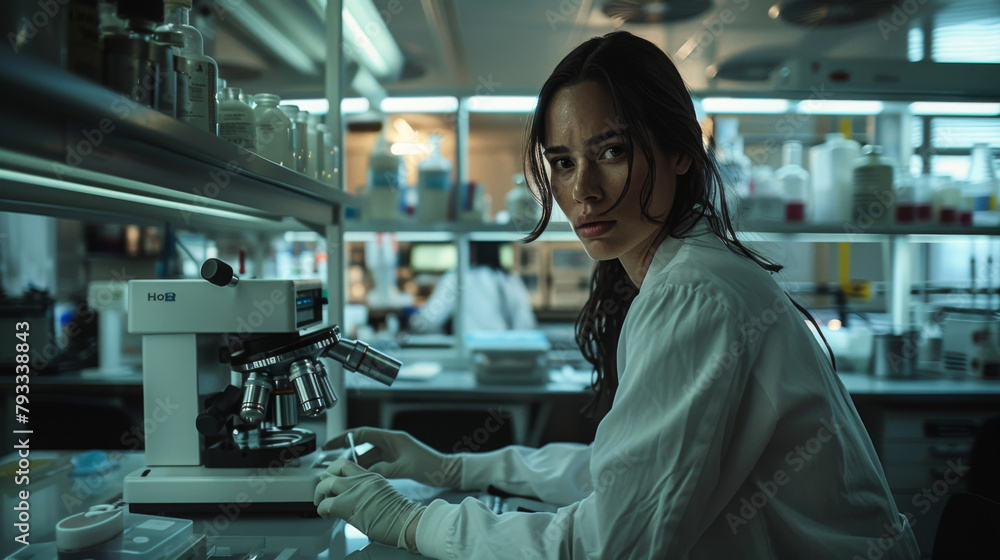 A pathologist in a lab working with a microscope, with a cinematic wide-angle view. A pathologist in a lab working with a microscope, with a cinematic wide-angle view.