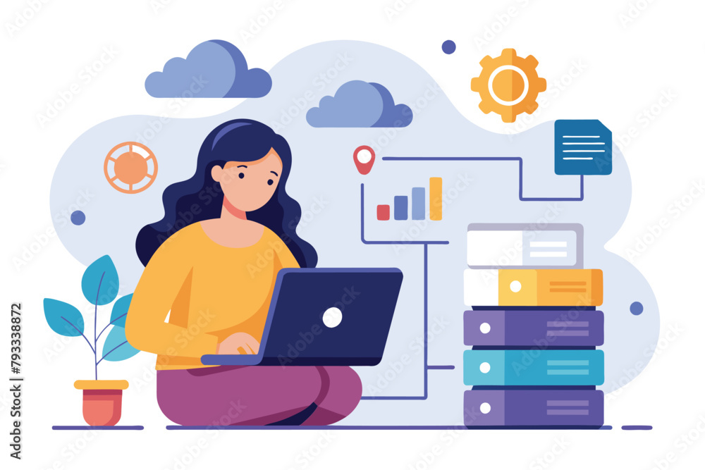A woman sitting on a stack of books while working on her laptop, woman backup big data with laptop, Simple and minimalist flat Vector Illustration A woman sitting on a stack of books while working on her laptop, woman backup big data with laptop, Simple and minimalist flat Vector Illustration