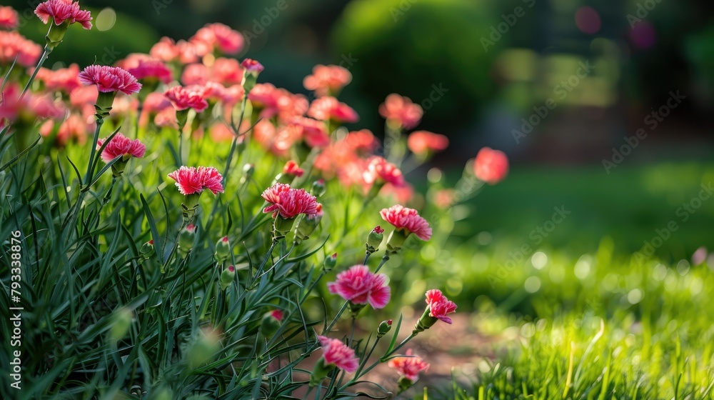 On a vibrant flowerbed delicate carnations bloom just in time for Mother s Day in the refreshing spring air On a vibrant flowerbed delicate carnations bloom just in time for Mother s Day in the refreshing spring air