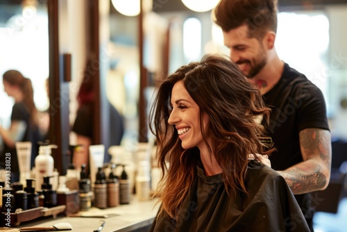 A woman is getting her hair cut by a man in a barbershop. The woman is smiling and she is enjoying the experience. The barbershop is filled with various hair care products, including bottles and a cup