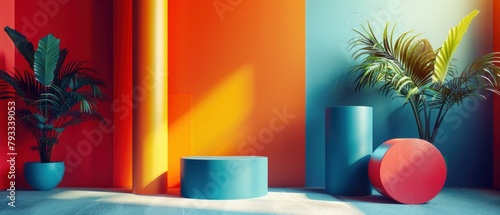A blue podium in a room with orange walls and blue and orange accents.