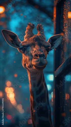 A giraffe standing in front of a blue background with a bokeh of orange lights. photo