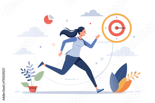 A woman in motion holding a target in her hand, sprinting towards a goal or objective, woman chasing deadline task target, Simple and minimalist flat Vector Illustration