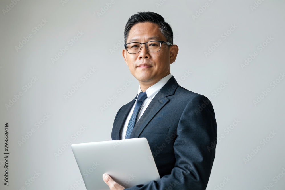 Confident Mature Asian Businessman with a Tablet, Standing Against a Grey Background in a Suit. Confident Mature Asian Businessman with a Tablet, Standing Against a Grey Background in a Suit.
