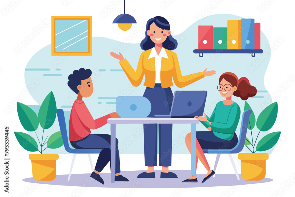 Diverse group of professionals sitting around a table, engaged in a meeting, using laptops, woman conducting a meeting, Simple and minimalist flat Vector Illustration