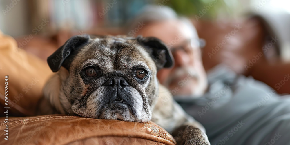 Pug dog resting on armchair, background owner resting