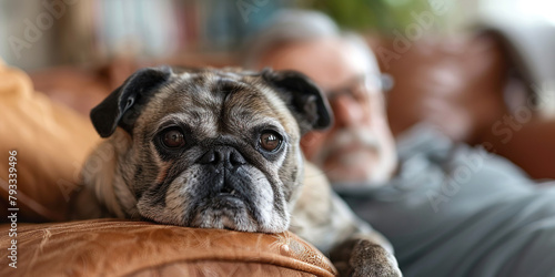 Pug dog resting on armchair, background owner resting © Gabriela