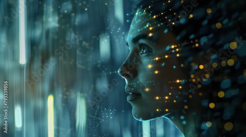 AI robot woman with artificial intelligence analysis flow big data. Cyborg woman contemplates stream of data in image waterfall of lights particles. Machine learning concept. Neural network train