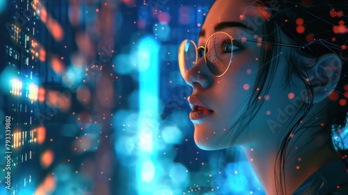 AI robot woman with artificial intelligence analysis flow big data. Cyborg woman contemplates stream of data in image waterfall of lights particles. Machine learning concept. Neural network train