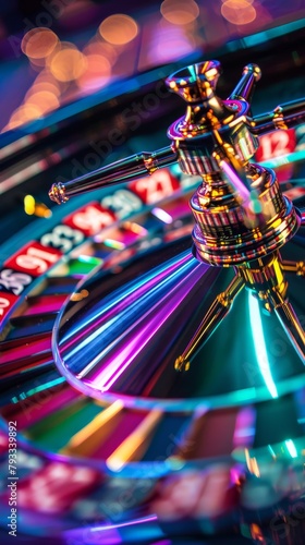 Spinning casino roulette wheel with colorful lights