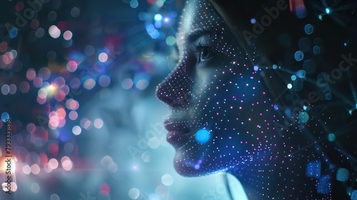 AI robot woman with artificial intelligence analysis flow big data. Cyborg woman contemplates stream of data in image waterfall of lights particles. Machine learning concept. Neural network train © Ibad