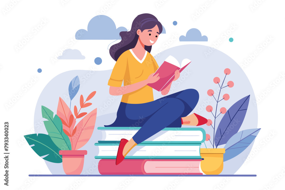 A woman sitting on a large stack of books, possibly doing homework or studying, woman doing homework, sitting on a stack of books, Simple and minimalist flat Vector Illustration