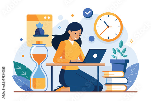 A woman is sitting at a desk with a laptop open in front of her, with a clock visible in the background, woman doing her work on deadline, Simple and minimalist flat Vector Illustration