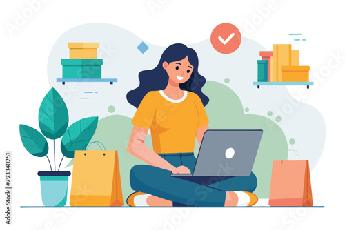 A woman seated on the floor, engaging with a laptop, woman doing online shopping using laptop, Simple and minimalist flat Vector Illustration