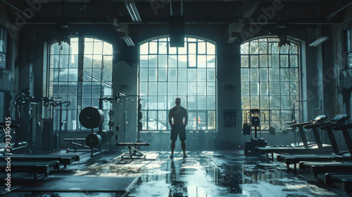 A silhouette of a personal trainer stands in a gym with workout equipment, backlit by large windows. photo