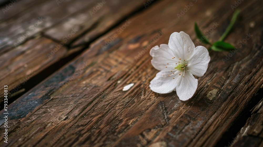 A delicate white flower resting gracefully on a rustic wooden table A delicate white flower resting gracefully on a rustic wooden table