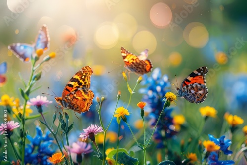 Colorful butterflies dance in the air above a vibrant wildflower meadow, with bokeh light creating a magical atmosphere.