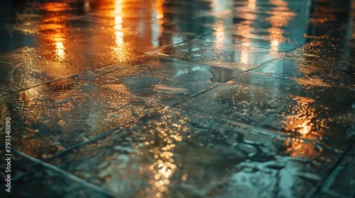 Glistening city ground reflecting the warm glow of a sunset after rain  with droplets and ripples on the surface.