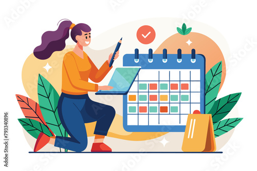 A woman is sitting at a desk, filling in her schedule list on a calendar, Woman filling schedule list in calendar, Simple and minimalist flat Vector Illustration