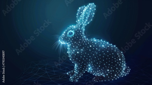 Rabbit made from points and lines on dark blue background, hare wireframe mesh polygonal Generated AI