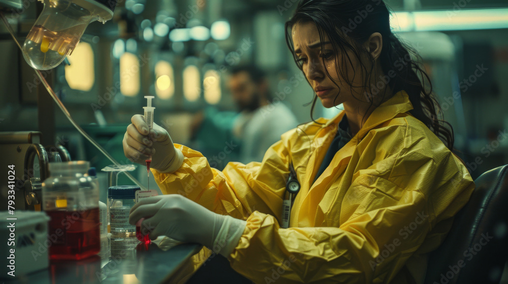 A focused phlebotomist in a yellow lab coat drawing blood, with medical equipment in soft cinematic lighting. A focused phlebotomist in a yellow lab coat drawing blood, with medical equipment in soft cinematic lighting.