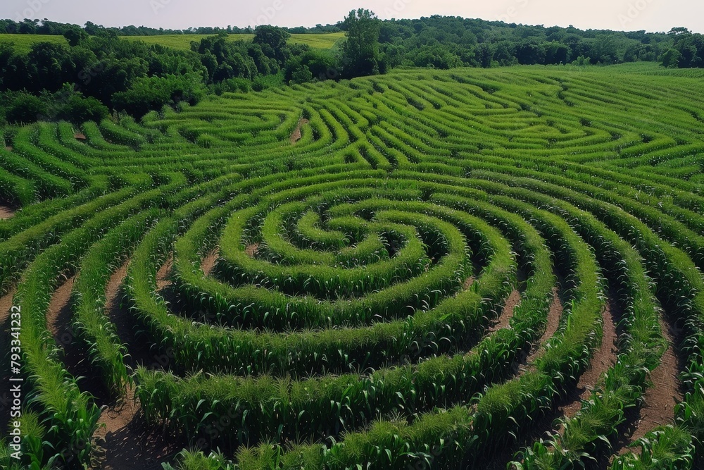An aerial perspective of a corn maze reveals the intricate and captivating spiral design amidst lush farmland.