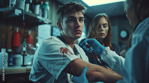 A cinematic shot of a phlebotomist drawing blood from a young male patient's arm in a clinical setting.