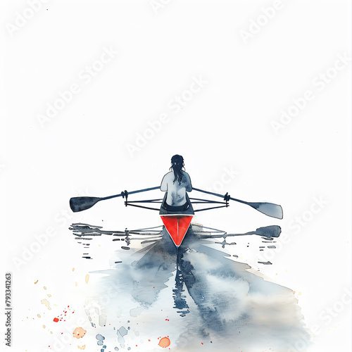 Minimalistic watercolor illustration of rowing on a white background, cute and comical.