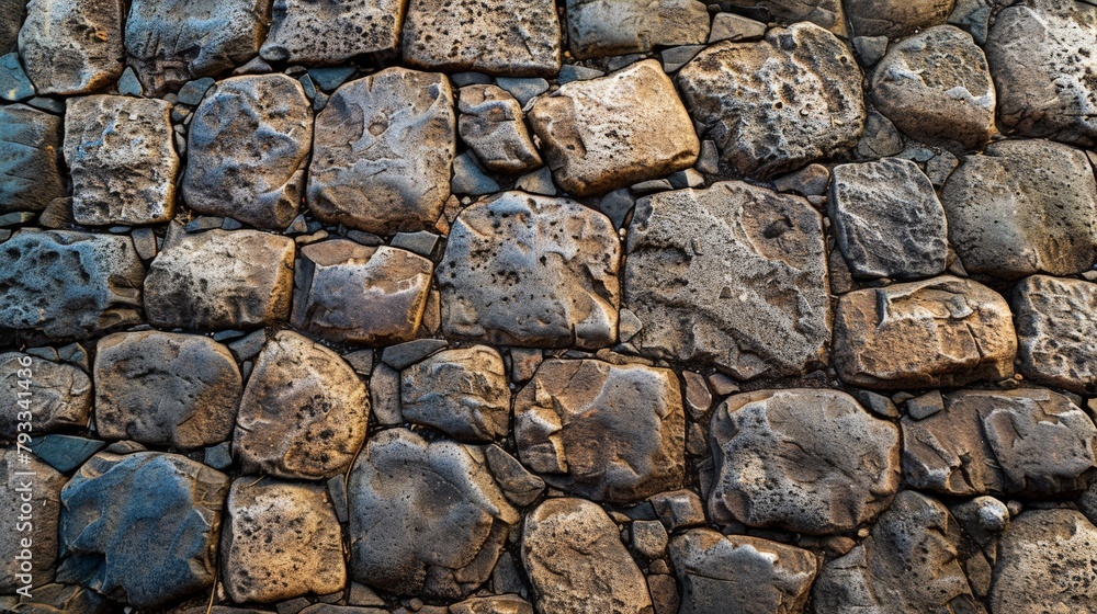 Fototapeta premium The warm glow of sunset illuminates an ancient cobblestone pathway, highlighting the texture and history.