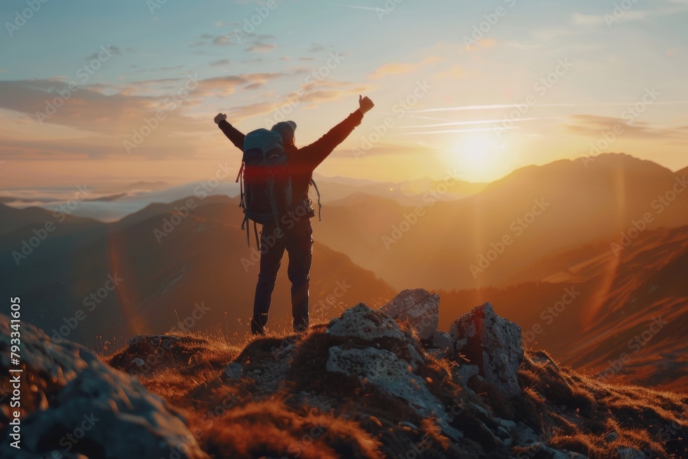 Man celebrating at the summit with raised arms, silhouetted against a sunrise background
