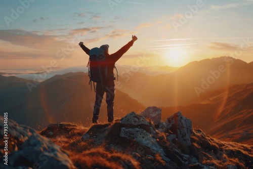 Man celebrating at the summit with raised arms, silhouetted against a sunrise background