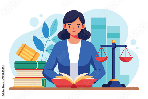 A woman sitting in front of a pile of books, focusing on studying a court law book, Woman is studying court law book, Simple and minimalist flat Vector Illustration
