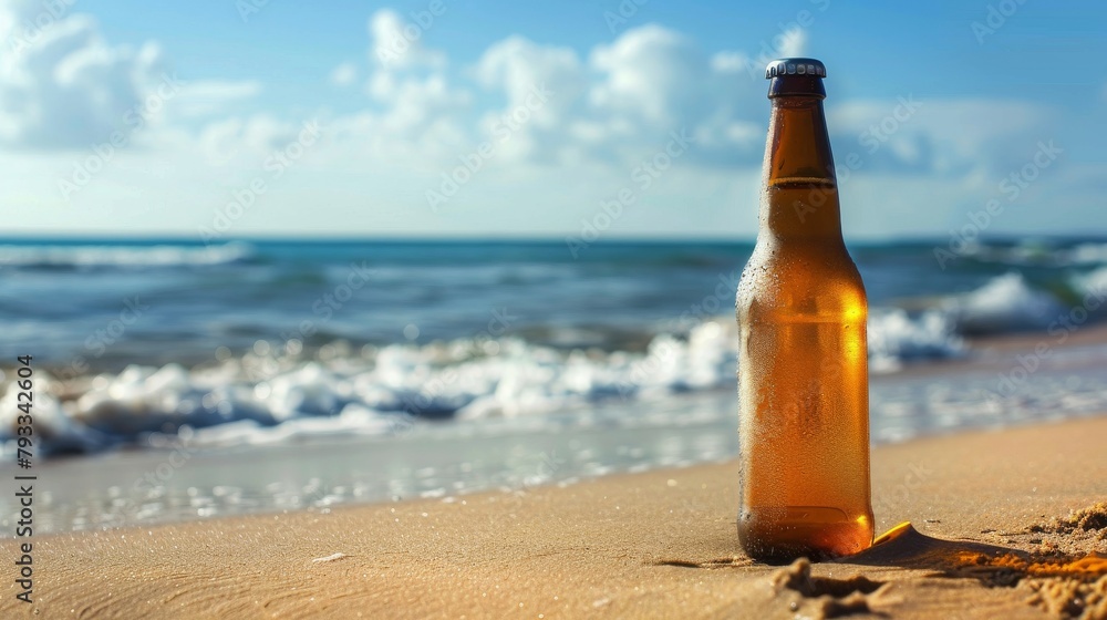 Chilled beer bottle on sunny beach shore Chilled beer bottle on sunny beach shore