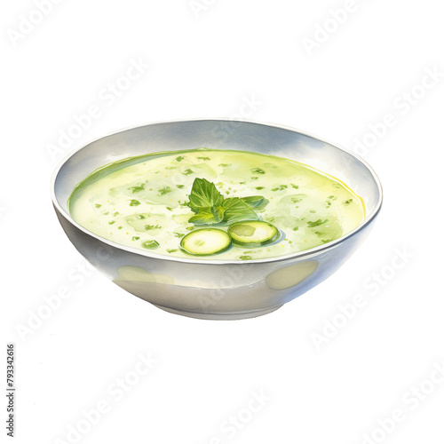 Watercolor Green Zucchini Soup in a White Bowl, Garnished with Fresh Herbs