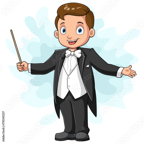 Cartoon boy conductor directing with baton