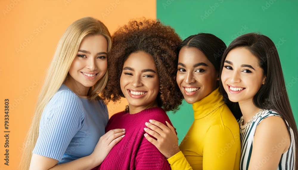 Group of beautiful girls with different skin and hair colors isolated on bright colors. Concepts of friendship, diversity, beauty. Body positive. Group of beautiful girls with different skin and hair colors isolated on bright colors. Concepts of friendship, diversity, beauty. Body positive.